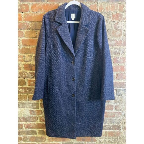 J. Jill Navy Herringbone Wool Blend Coat 3 Button Pockets Lined Women’s Size Med - Picture 1 of 9